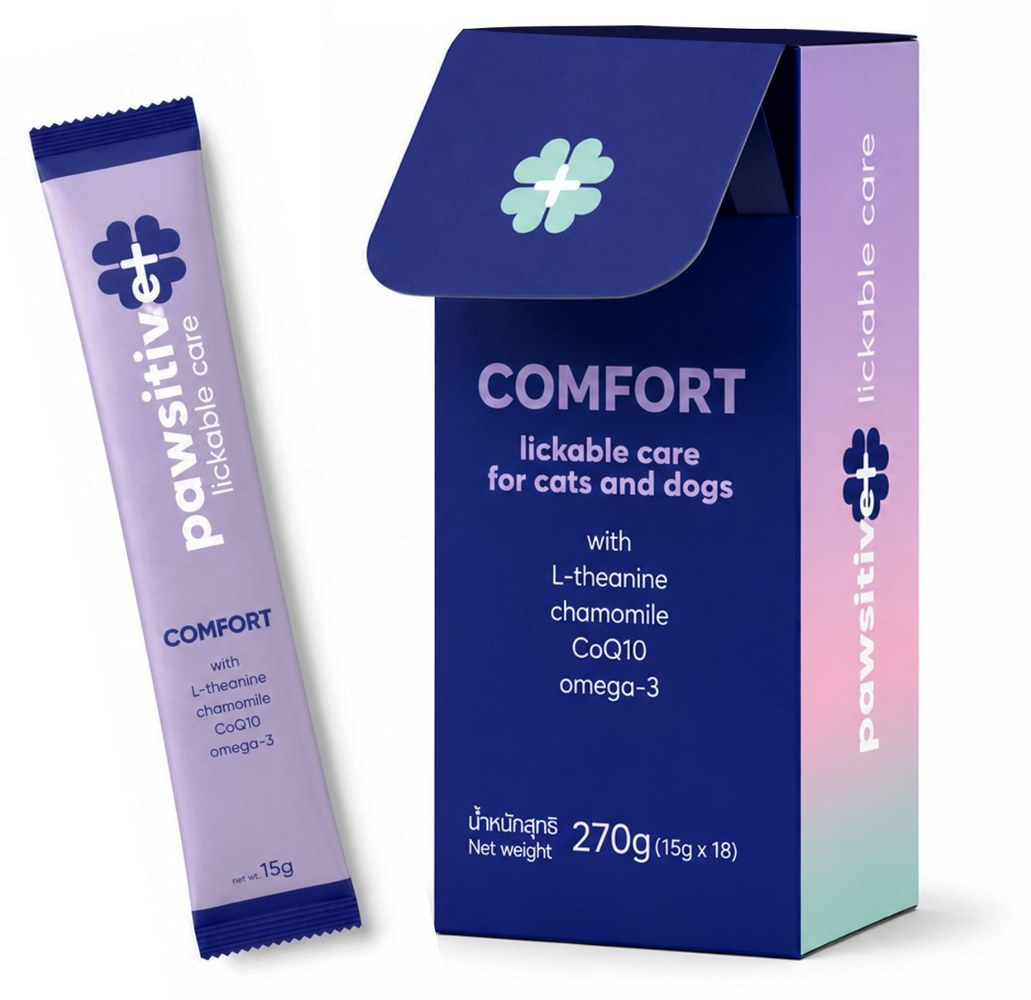 Pawsitivet Comfort box — calming lickable care for cats and dogs, salmon base with L-theanine, chamomile, CoQ10 and omega-3, net weight 270g (15g x 18 sachets)